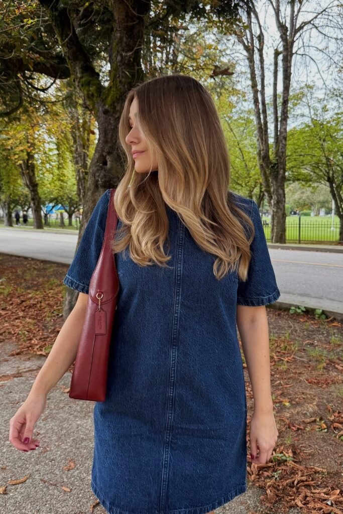 Dark Denim Short-Sleeve Mini Dress + Red Leather Shoulder Bag