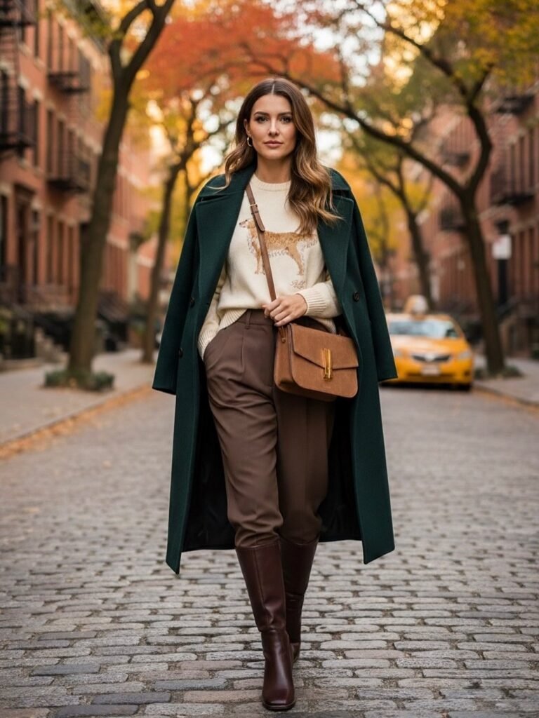 Dark Green Coat + Cream Animal Sweater + Brown Tailored Pants + Brown Knee-High Boots + Brown Crossbody Bag