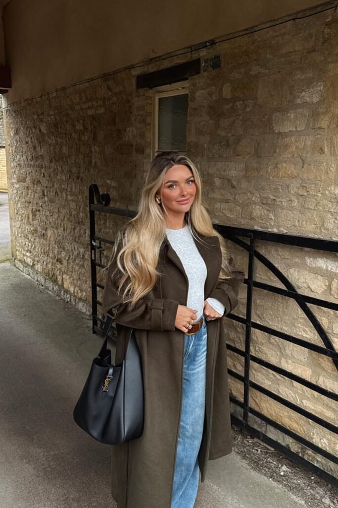 Dark Olive Coat + Grey Top + Light Wash Blue Jeans + Black YSL Shoulder Bag