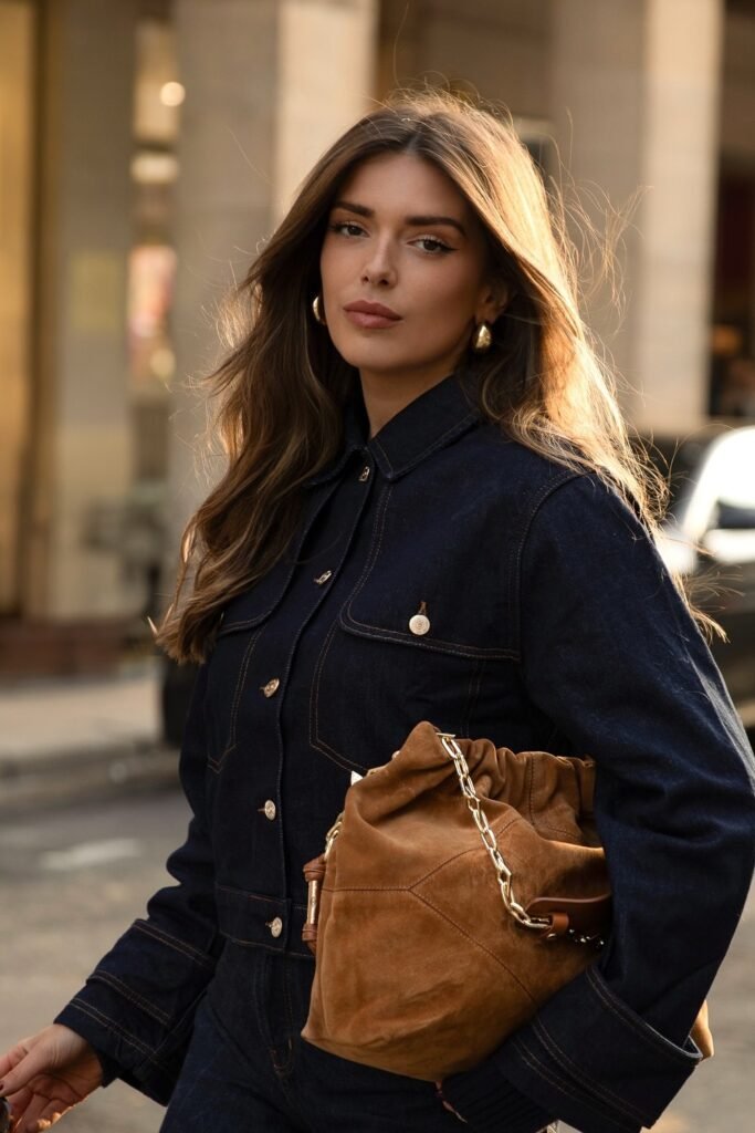 Denim Jacket + Denim Skirt + Brown Crossbody Bag