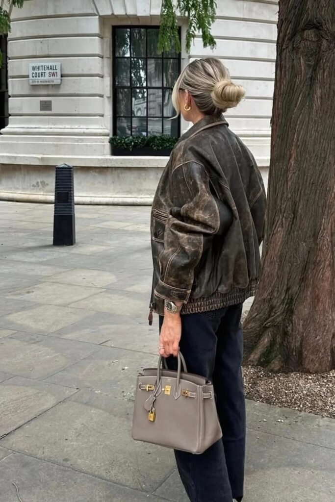 Distressed Brown Leather Jacket + Black Trousers + Grey Birkin Bag