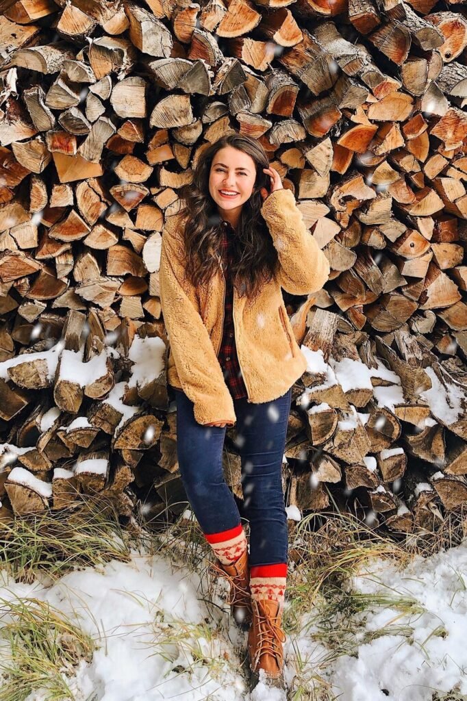 Golden Teddy Fleece Jacket + Red Plaid Shirt + Dark Indigo Jeans + Tan Lace Up Boots
