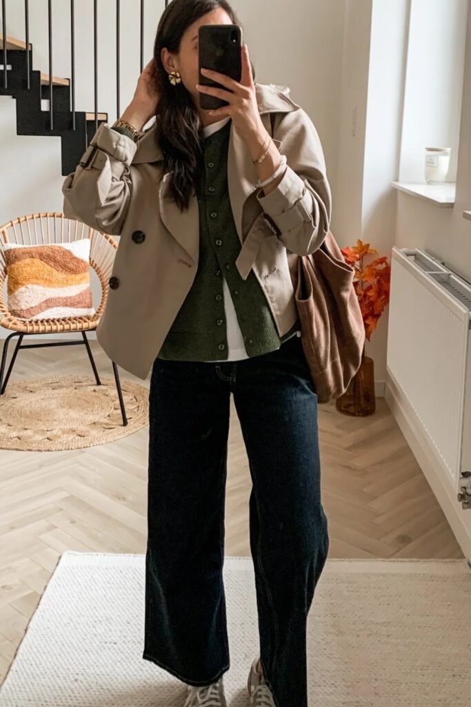 Green Cardigan + White Tee + Cropped Trench Coat + Dark Wide-Leg Jeans + Sneakers + Brown Tote