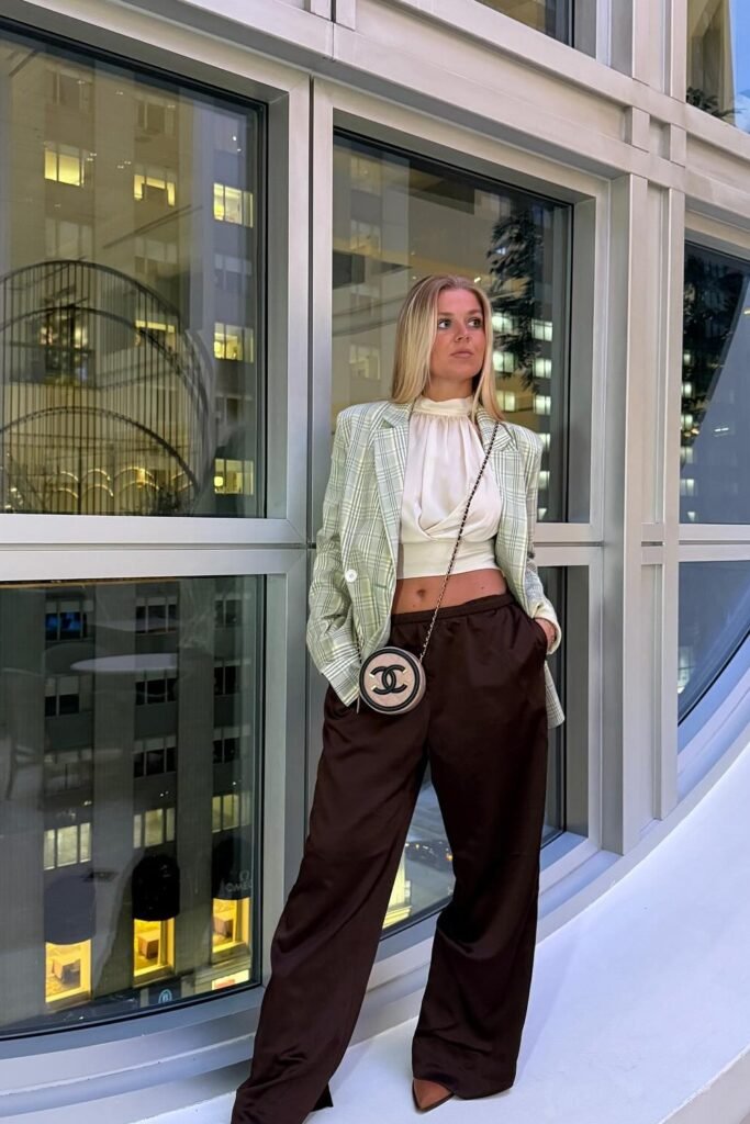Green Plaid Blazer + White Draped Crop Top + Brown Wide-Leg Pants + Chanel Crossbody Bag