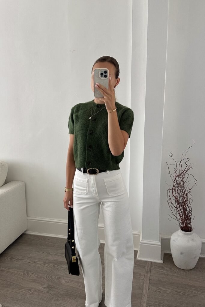 Green Short-Sleeve Knit Cardigan + White Wide-Leg Pants + Black Belt + Black Handbag
