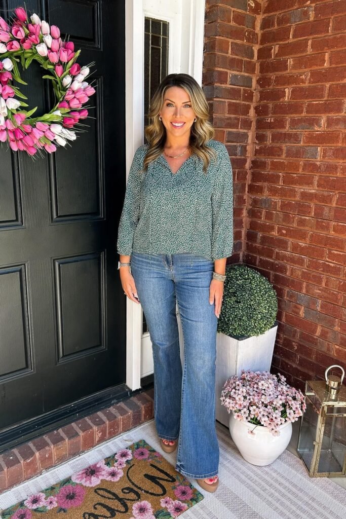 Green and White Printed Blouse + Flare Leg Blue Jeans + Tan Platform Sandals