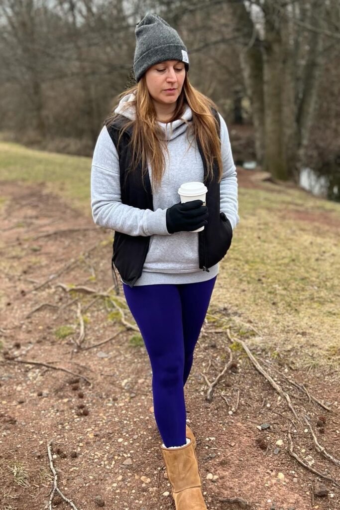 Grey Beanie + Grey Hoodie + Black Puffer Vest + Purple Leggings + Tan Ugg Boots
