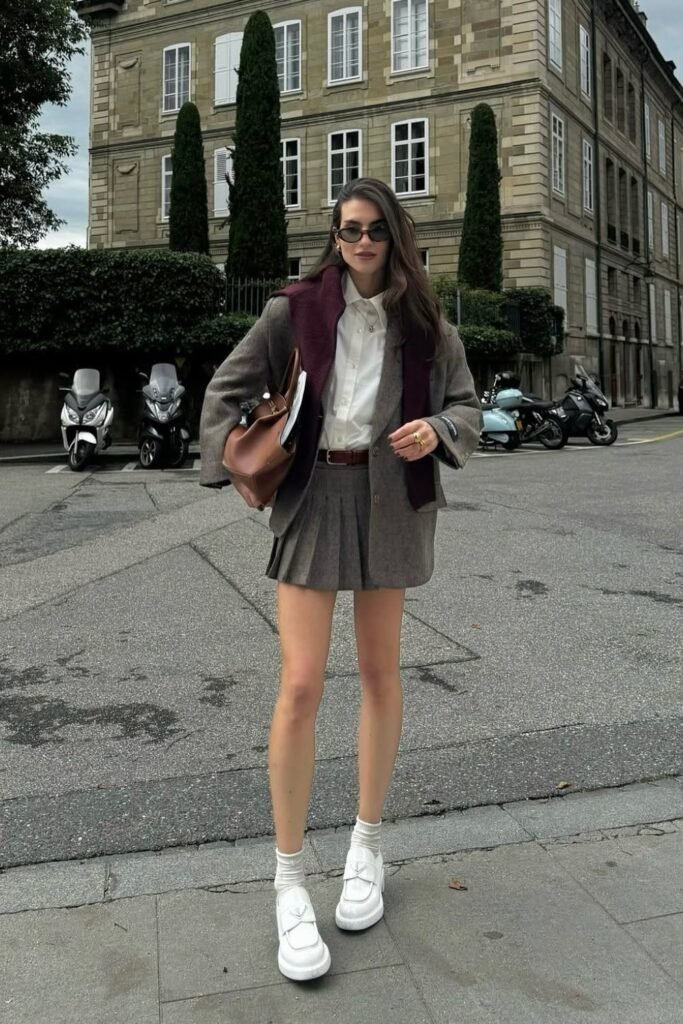 Grey Blazer + White Button-Up Shirt + Grey Pleated Mini Skirt + Burgundy Sweater Draped Over Shoulders + White Chunky Loafers
