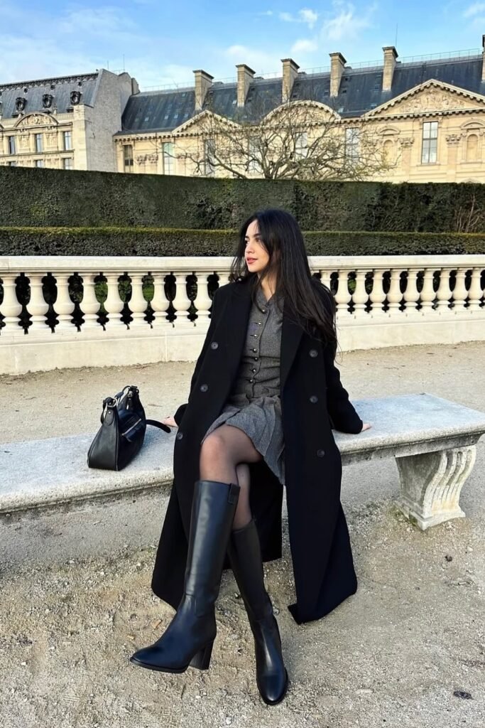 Grey Button-Up Dress + Long Black Coat + Sheer Black Tights + Black Knee-High Boots + Black Structured Bag