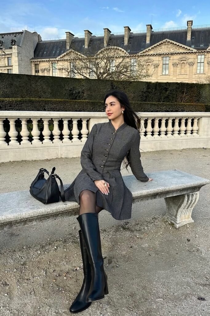Grey Buttoned Dress + Black Leather Boots + Black Handbag