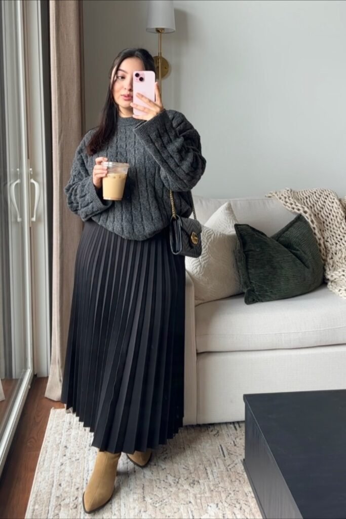 Grey Cable Knit Sweater + Black Pleated Maxi Skirt + Tan Pointed-Toe Boots