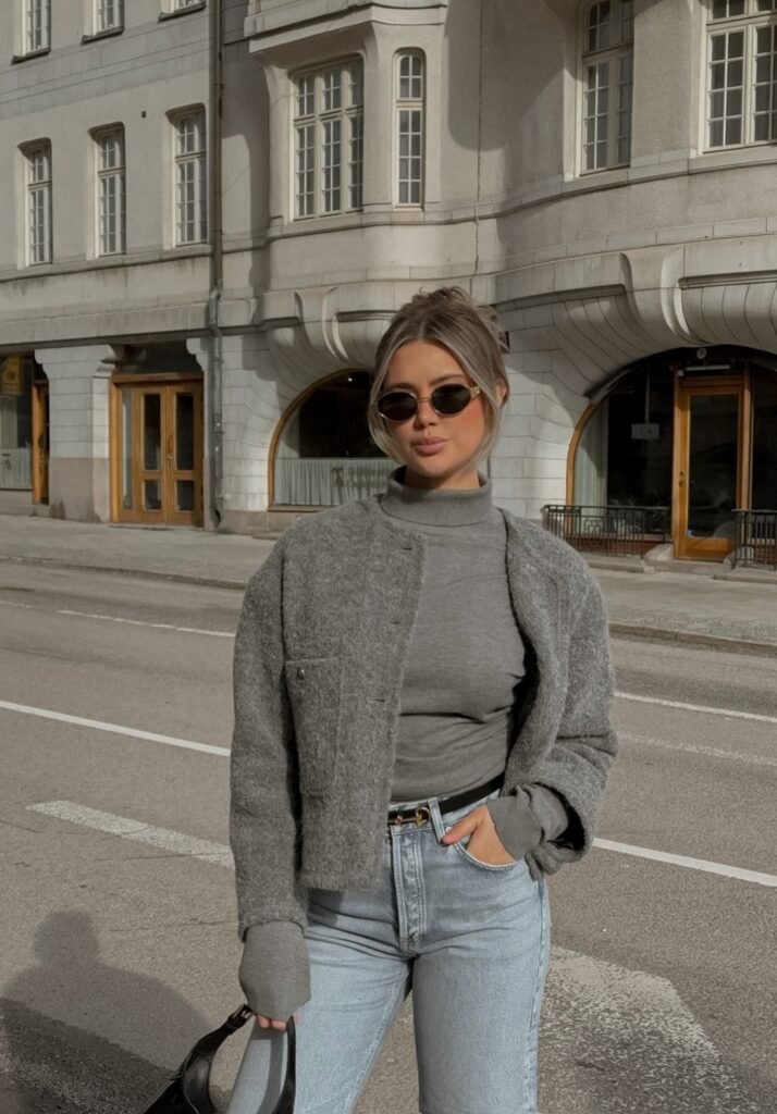 Grey Cropped Jacket + Grey Turtleneck + Light Blue High-Waist Jeans + Black Belt + Black Structured Bag