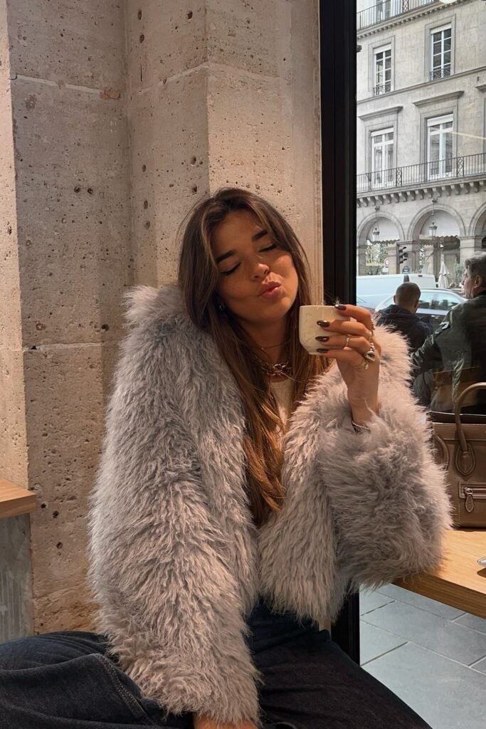 Grey Faux Fur Jacket + White Top + Black Jeans + Brown Leather Tote Bag