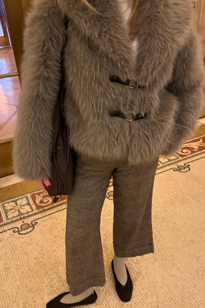 Grey Fuzzy Toggle Coat + Brown Plaid Cropped Trousers + Grey Socks + Black Ballet Flats + Brown Tote