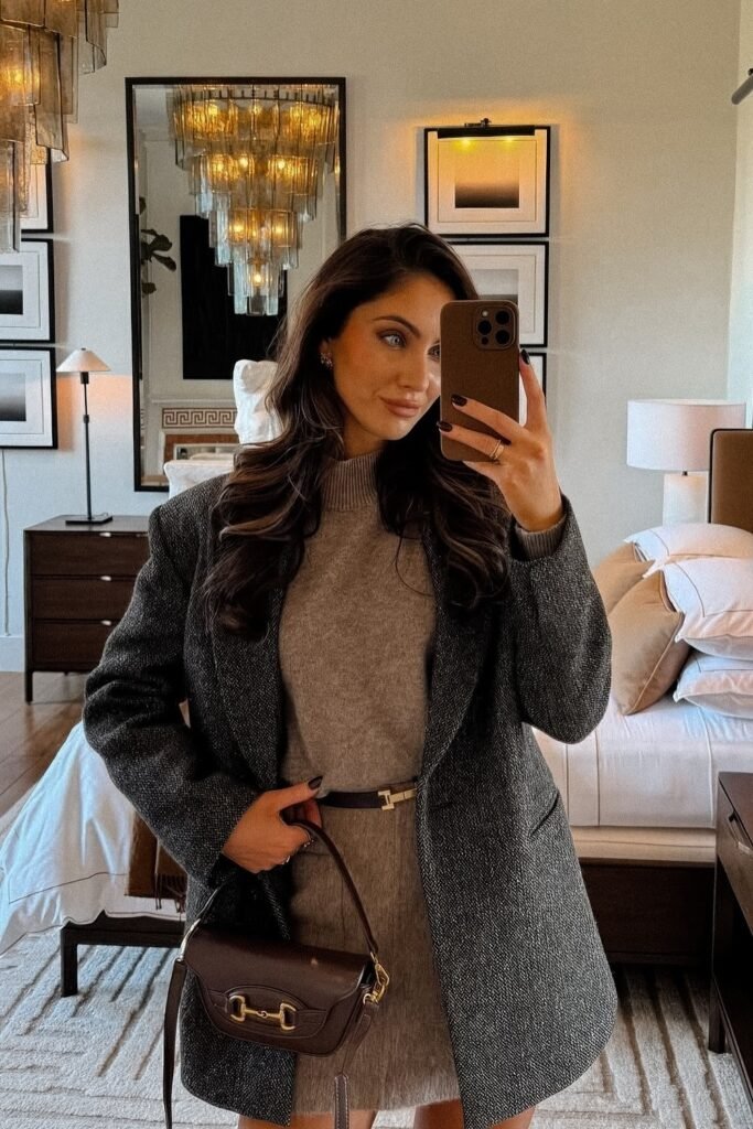 Grey Knit Dress + Oversized Blazer + Brown Belt + Brown Crossbody Bag