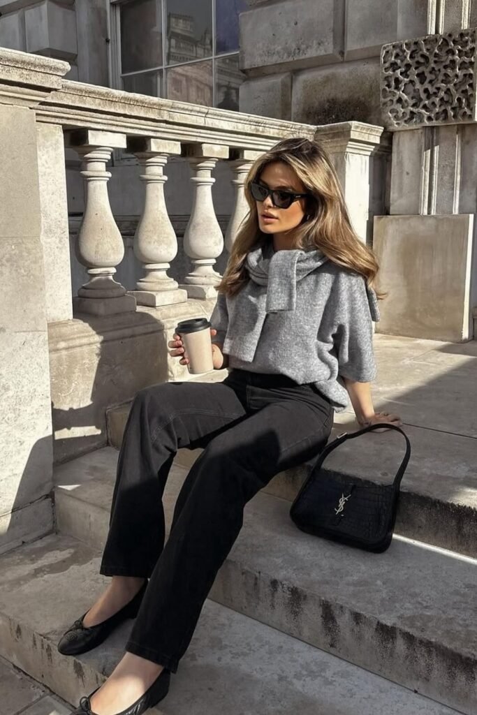 Grey Knit Sweater + Black Straight Jeans + Black Flats + Black YSL Bag