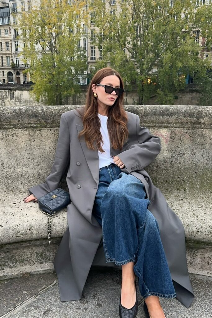 Grey Oversized Blazer Coat + White Tee + Dark Blue Wide-Leg Jeans + Black Chanel Flats + Black Chanel Bag