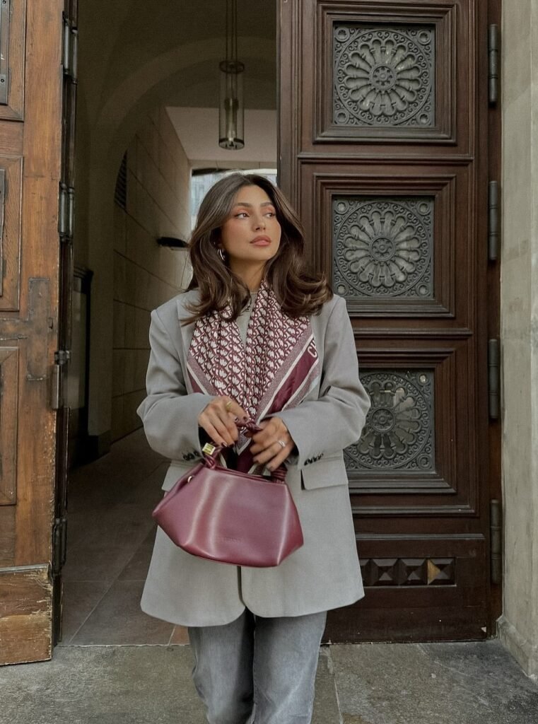 Grey Oversized Blazer + Printed Burgundy Silk Scarf + Grey Jeans + Burgundy Structured Bag