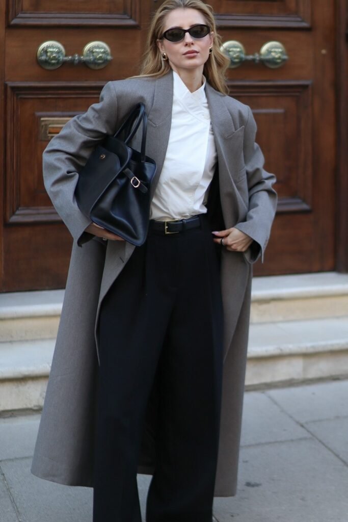 Grey Oversized Blazer + White Draped Shirt + Black Wide-Leg Trousers + Black Structured Bag