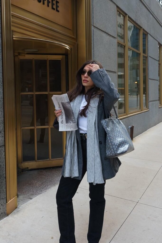 Grey Oversized Blazer + White Tee + Black Jeans + Grey Scarf + Silver Tote Bag