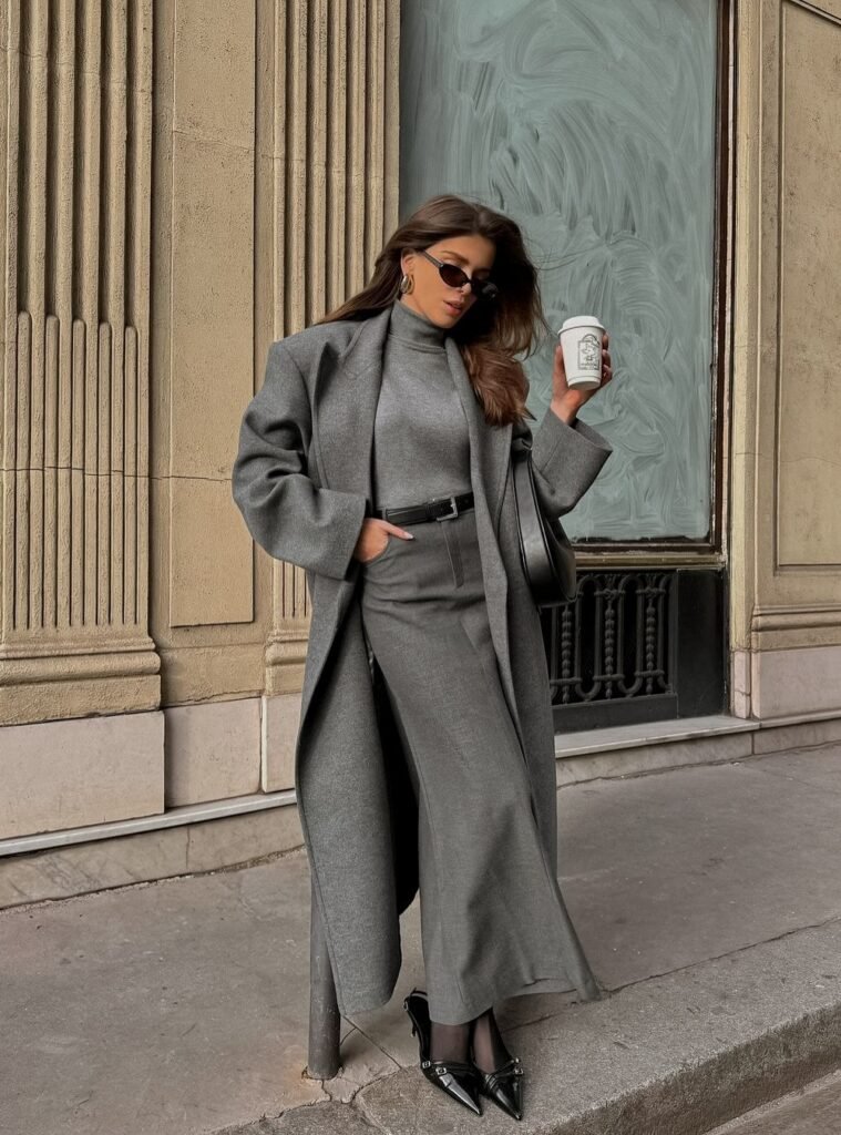 Grey Oversized Coat + Grey Turtleneck + Grey Wide-Leg Trousers + Black Belt + Black Pointed Heels