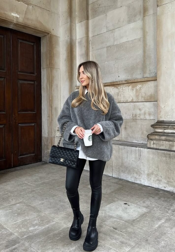 Grey Oversized Knit Sweater + White Shirt Layered Underneath + Black Leather Pants + Black Quilted Chanel Bag + Black Chunky Boots + Coffee Cup
