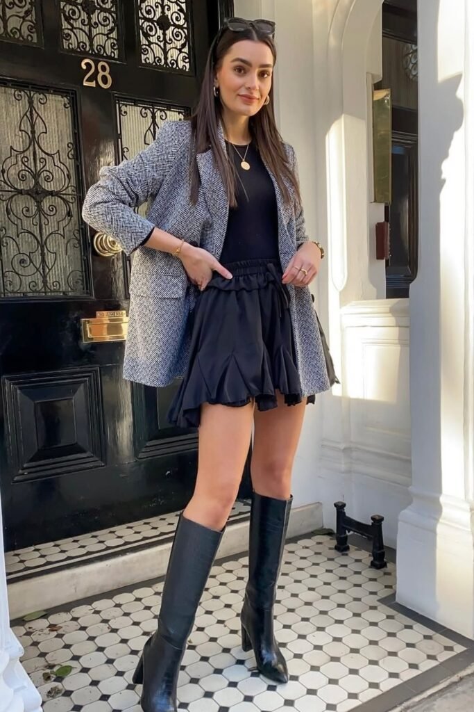 Grey Patterned Blazer + Black Top + Black Ruffled Mini Skirt + Black Knee-High Boots