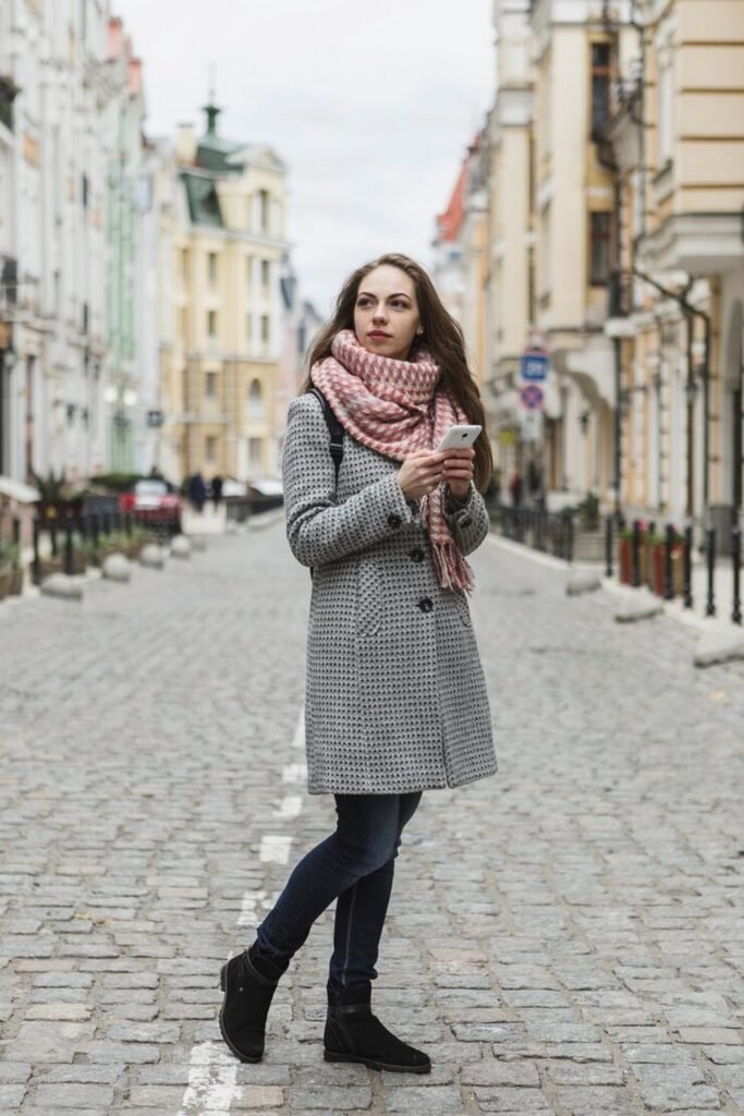 Grey Patterned Coat + Pink Houndstooth Scarf + Dark Skinny Jeans + Black Ankle Boots