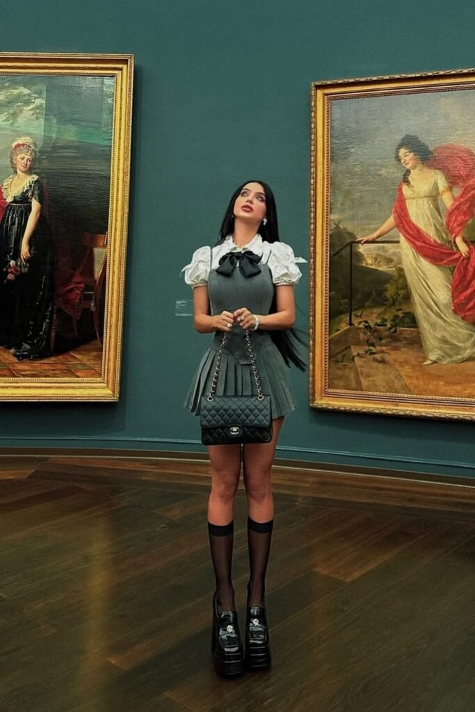 Grey Pleated Mini Dress + White Puff-Sleeve Blouse + Black Platform Heels + Quilted Black Bag