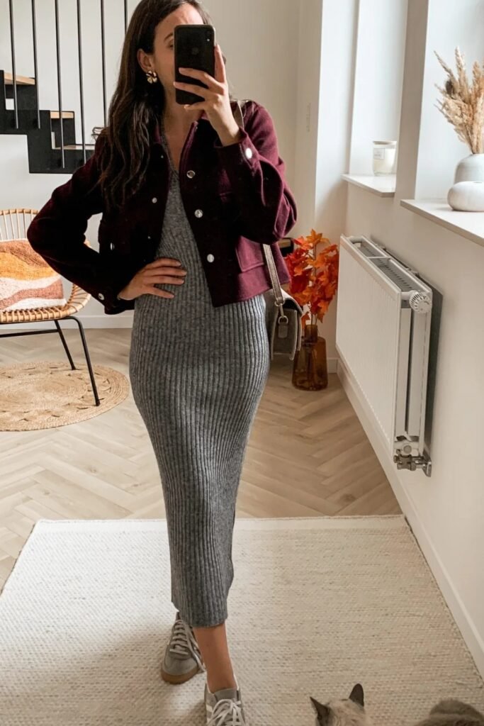 Grey Ribbed Knit Dress + Burgundy Cropped Jacket + Sneakers + Crossbody Bag