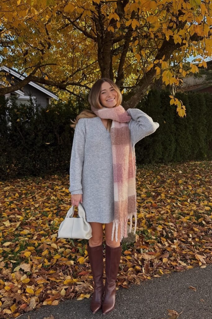 Grey Ribbed Knit Mini Sweater Dress + Plaid Pink and Camel Oversized Scarf + Brown Knee-High Boots + White Top Handle Bag