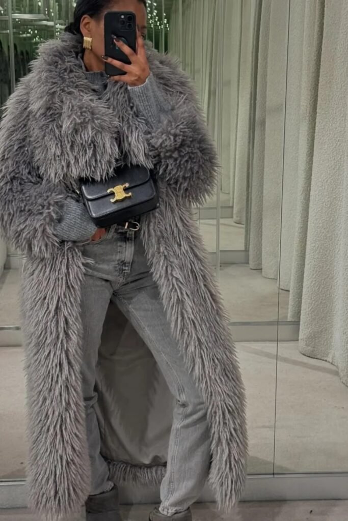 Grey Sweater + Grey Wide-Leg Jeans + Long Grey Fluffy Coat + Black Crossbody Bag