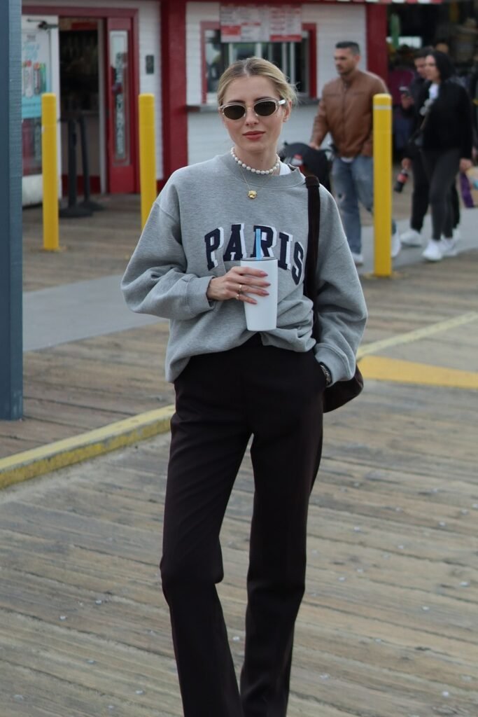 Grey Sweatshirt + Black Tailored Pants + White Sneakers