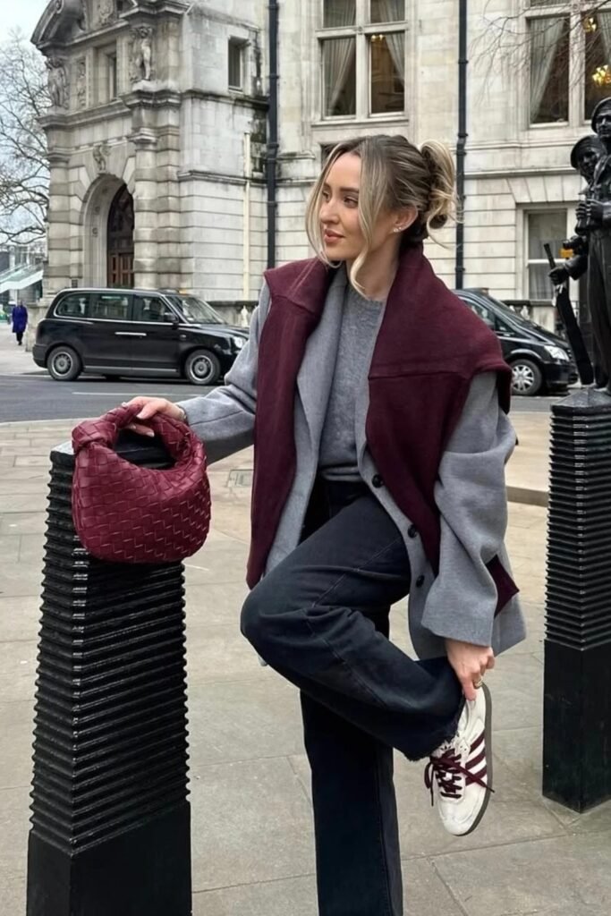 Grey Sweatshirt + Burgundy & Grey Colorblock Coat + Black Straight Jeans + Burgundy Adidas Sneakers + Burgundy Woven Bag