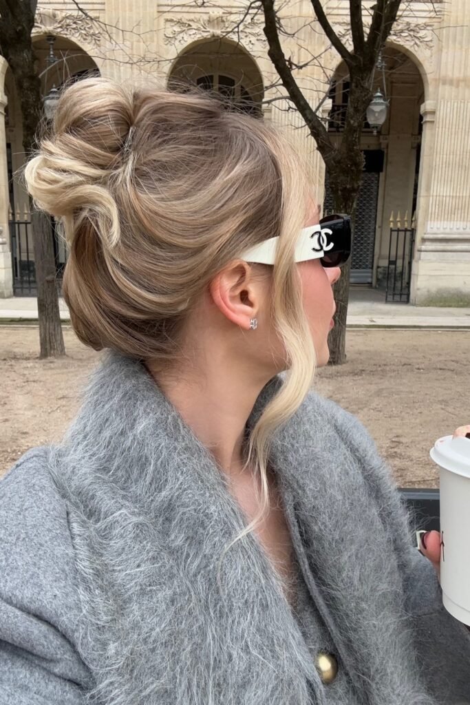 Grey Textured Coat + Grey Knit Cardigan + White Chanel Sunglasses + Gold Earrings + Coffee Cup