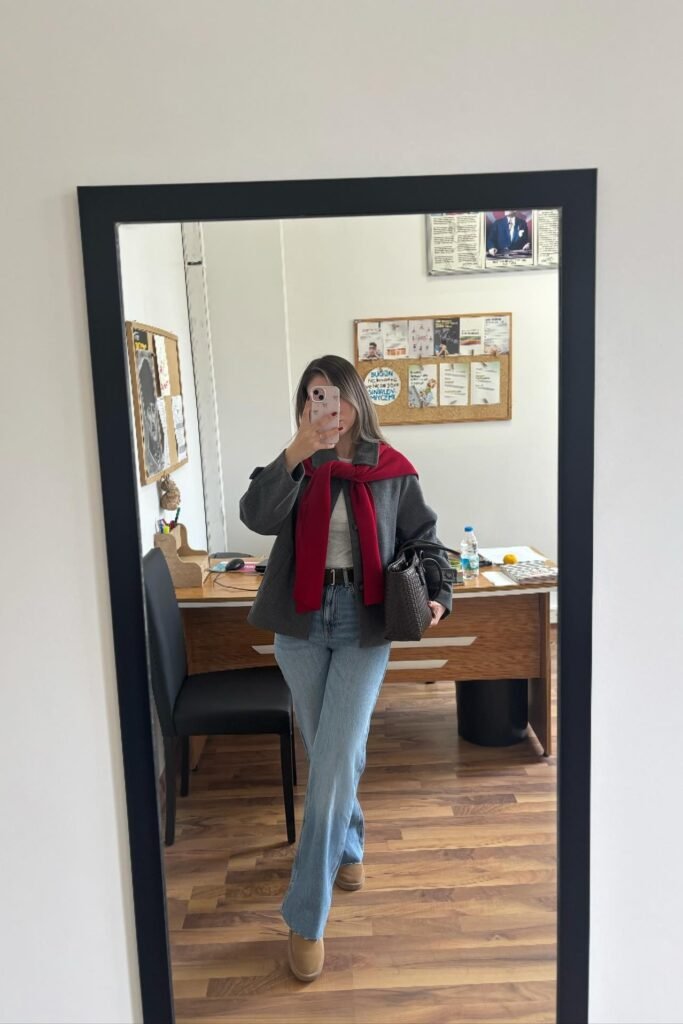 Grey Wool Jacket + White T-shirt + Light Blue Jeans + Red Sweater (Over Shoulders)