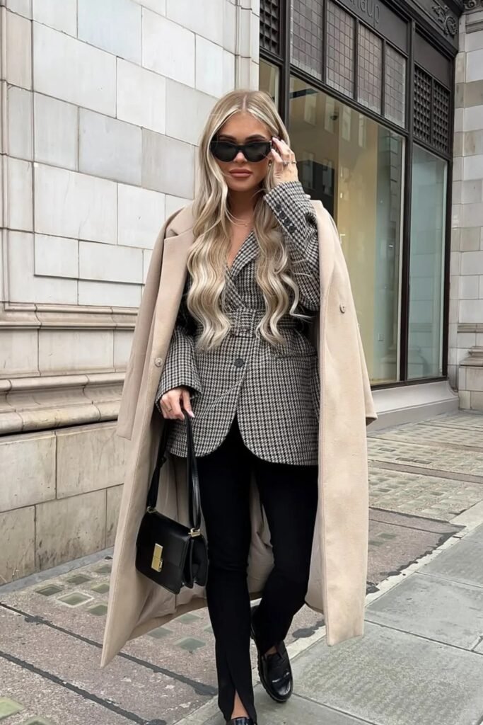 Houndstooth Blazer + Camel Coat Draped Over Shoulders + Black Slim Pants + Black Loafers + Black Bag + Sunglasses