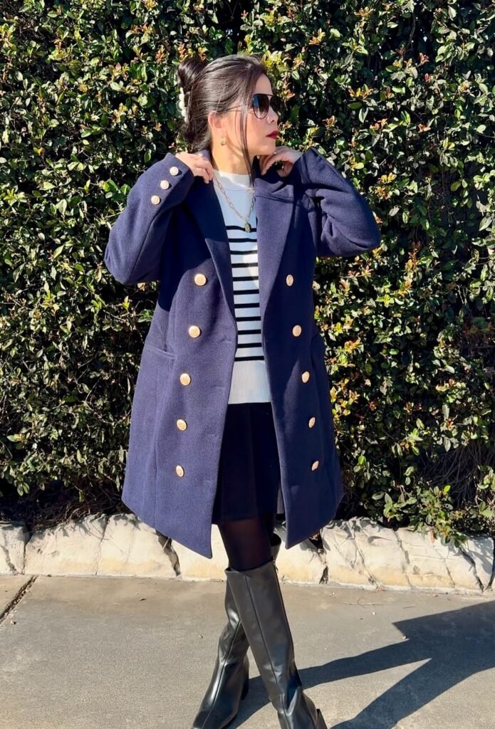 Navy Double-Breasted Coat + Striped Sweater + Knee-High Black Boots