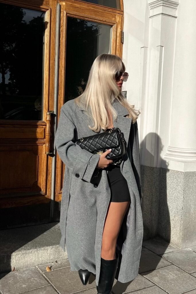 Gray Coat + Black Skirt + Black Boots