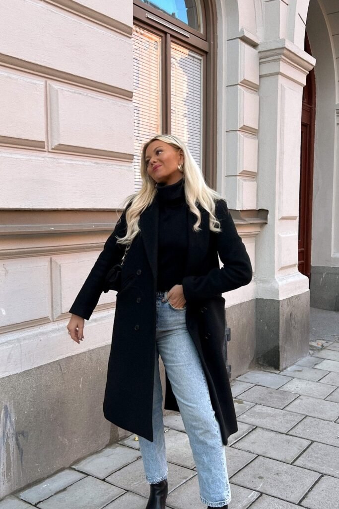 Black Coat + Black Turtleneck + Blue Jeans