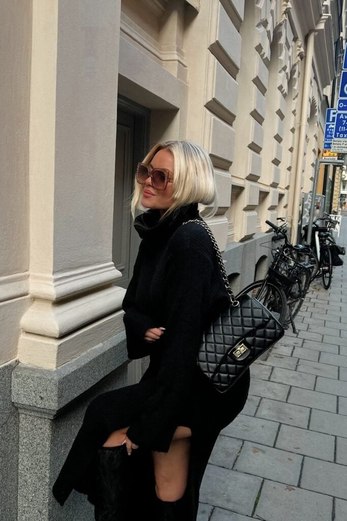 Black Sweater Dress + Black Boots + Black Bag