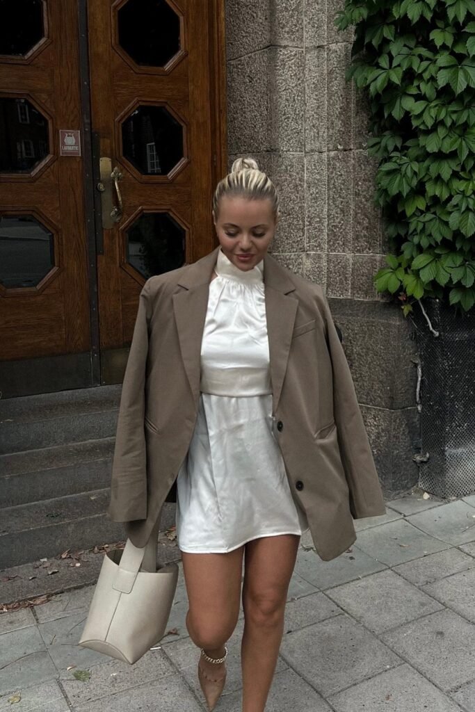 Brown Blazer + White Dress + Beige Bag