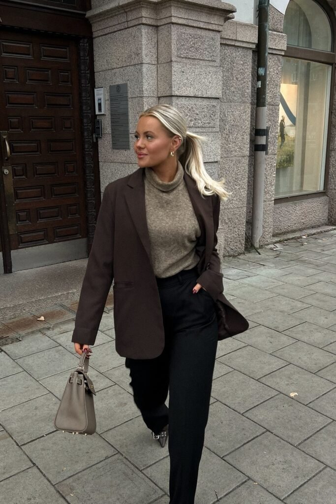 Brown Blazer + Black Pants + Beige Bag