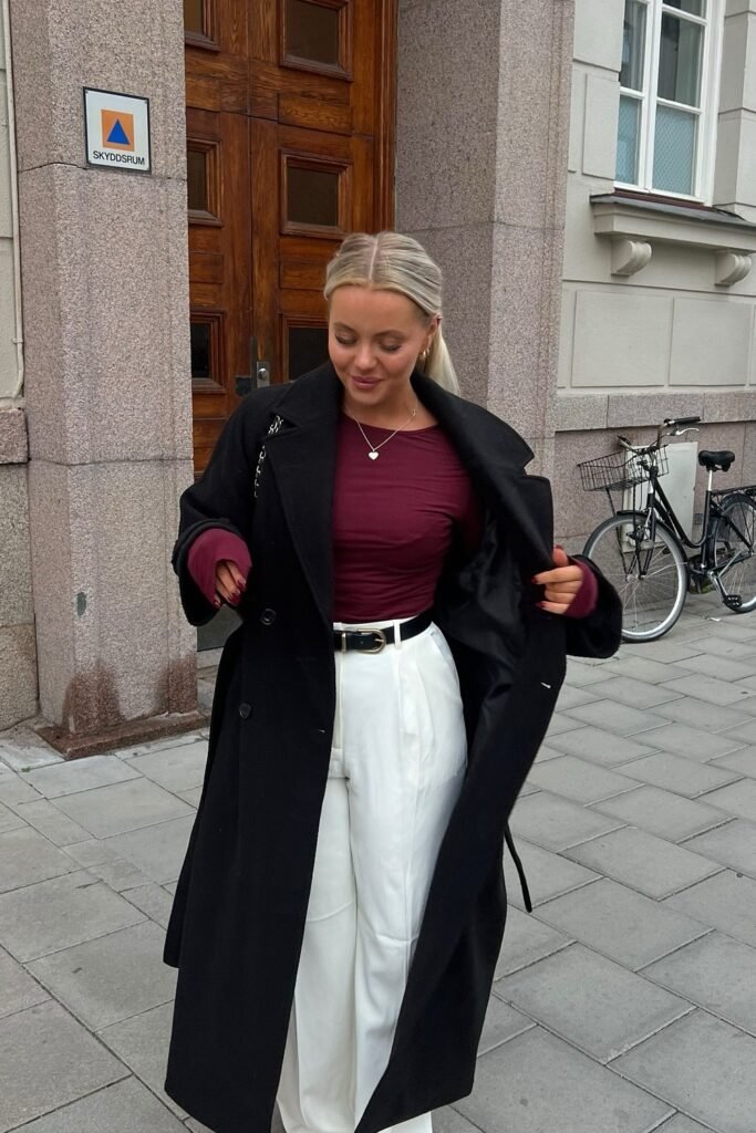 Black Coat + Burgundy Top + White Pants