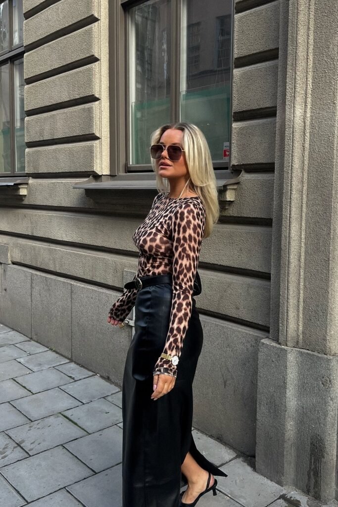 Leopard Print Top + Black Skirt + Black Heels