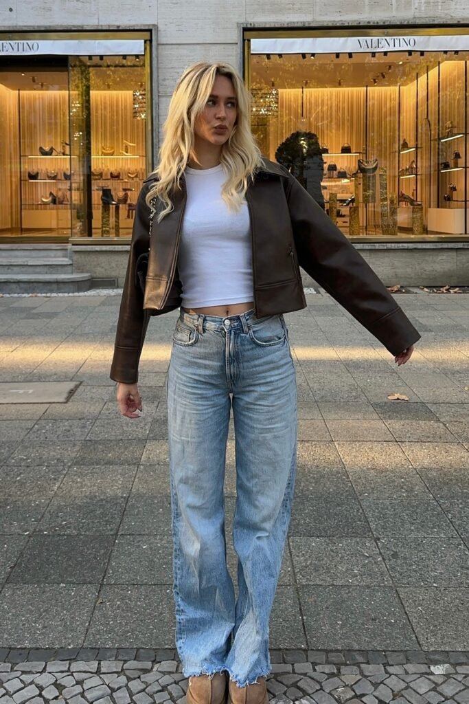 Brown Leather Jacket + White Crop Top + Light Blue Jeans