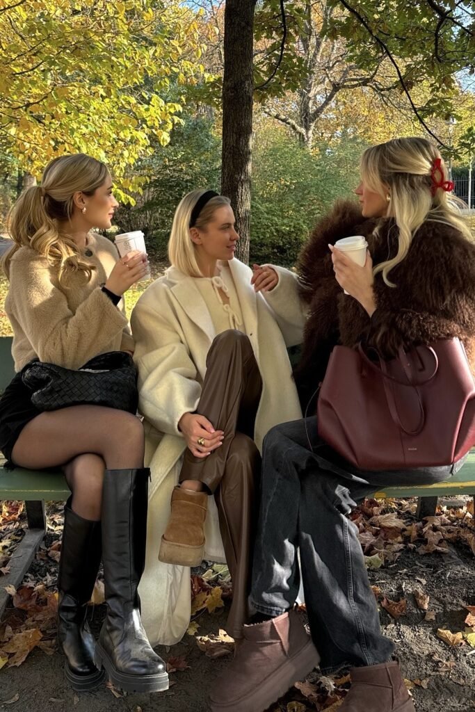 Brown Coat + Black Skirt + Black Boots