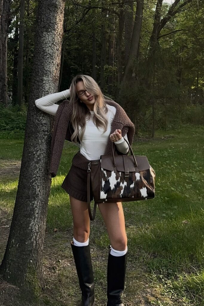 Brown Sweater + Brown Skirt + Black Boots + White Socks