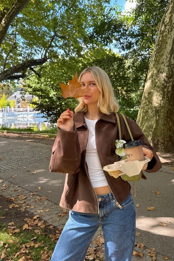 Brown Leather Jacket + White Shirt + Denim Shorts