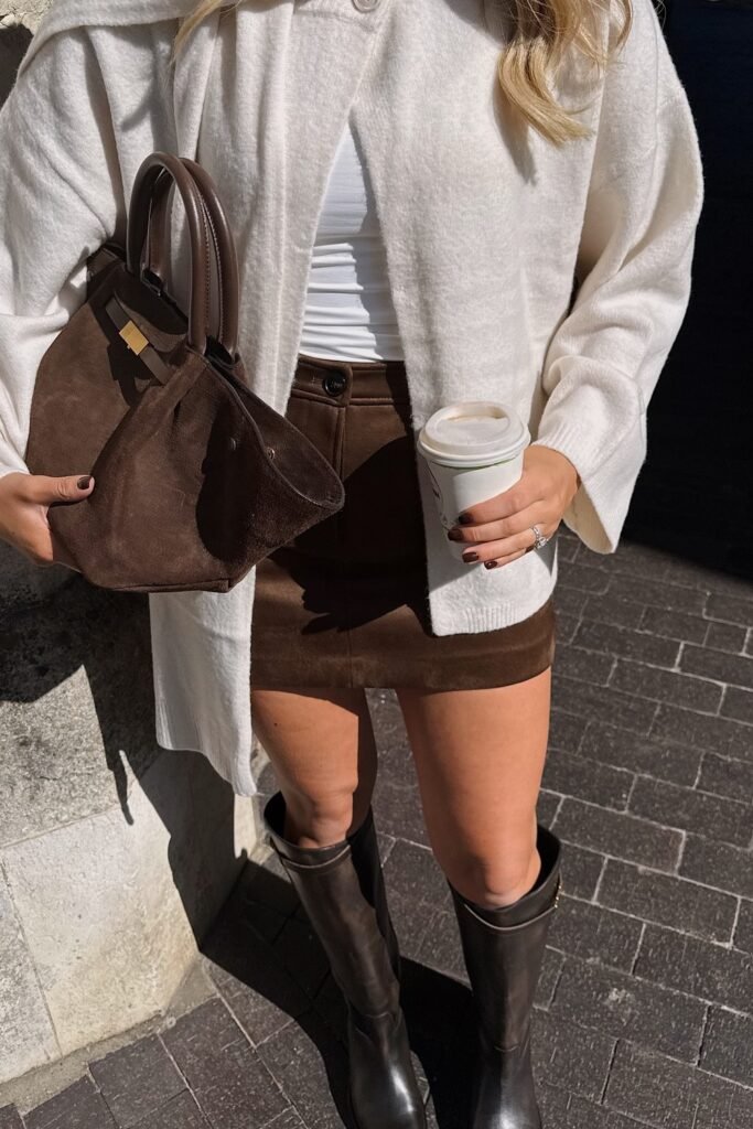 White Sweater + Brown Skirt + Brown Purse